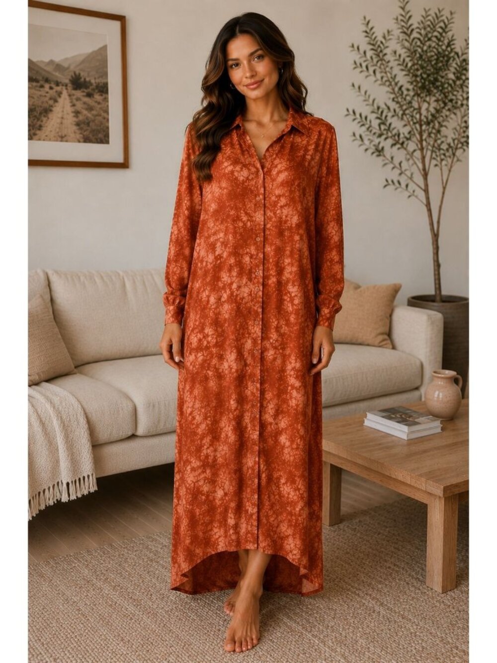 Soft Surroundings XL Burnt Orange Linen Blend Midi Tunic Dress